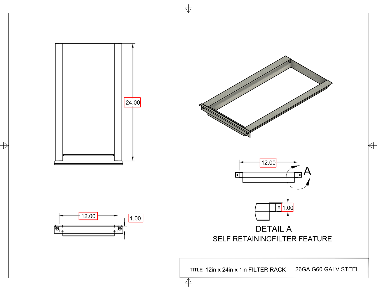 12x24x1 Captured Filter Rack Drawing