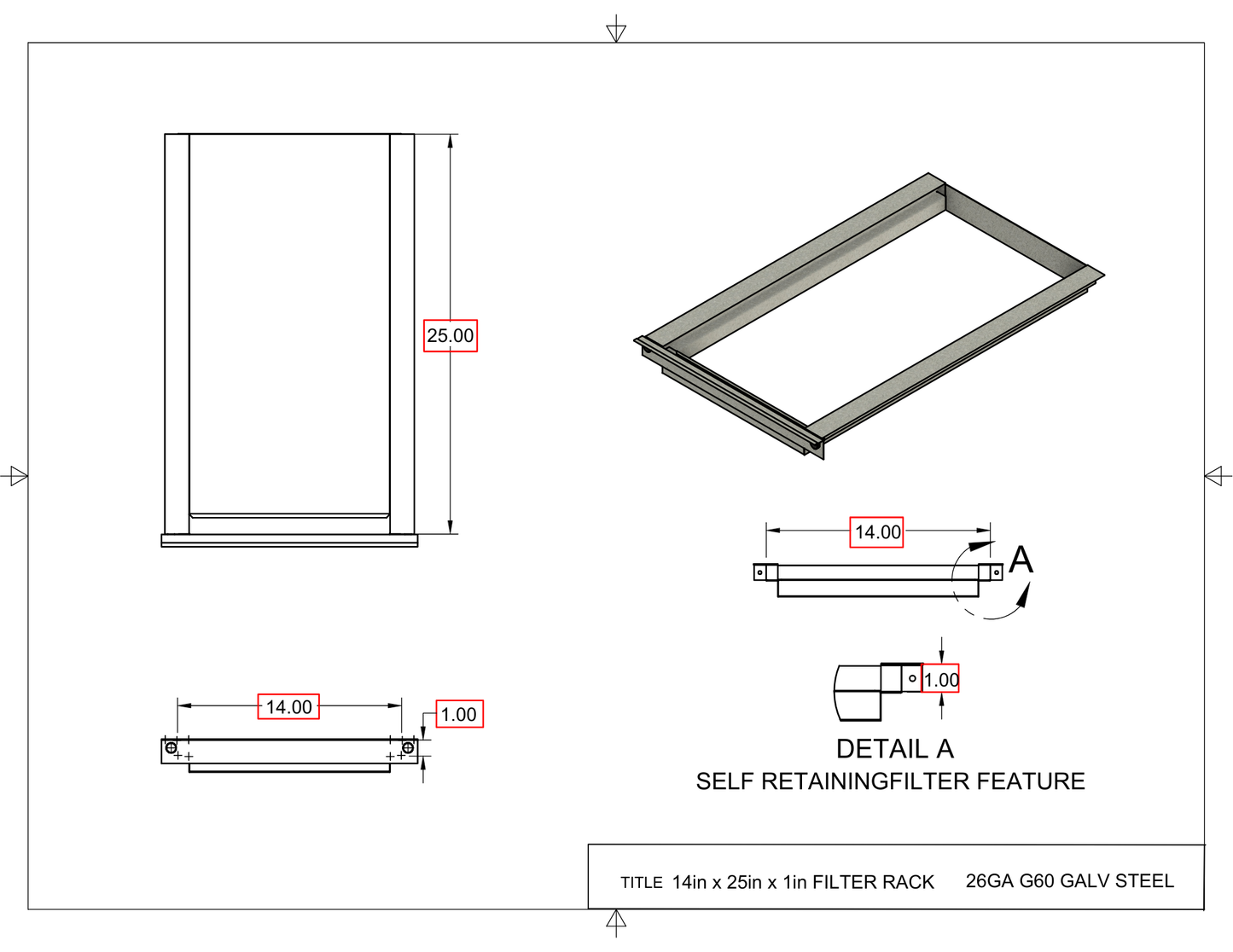14x25x1 Captured Filter Rack Drawing