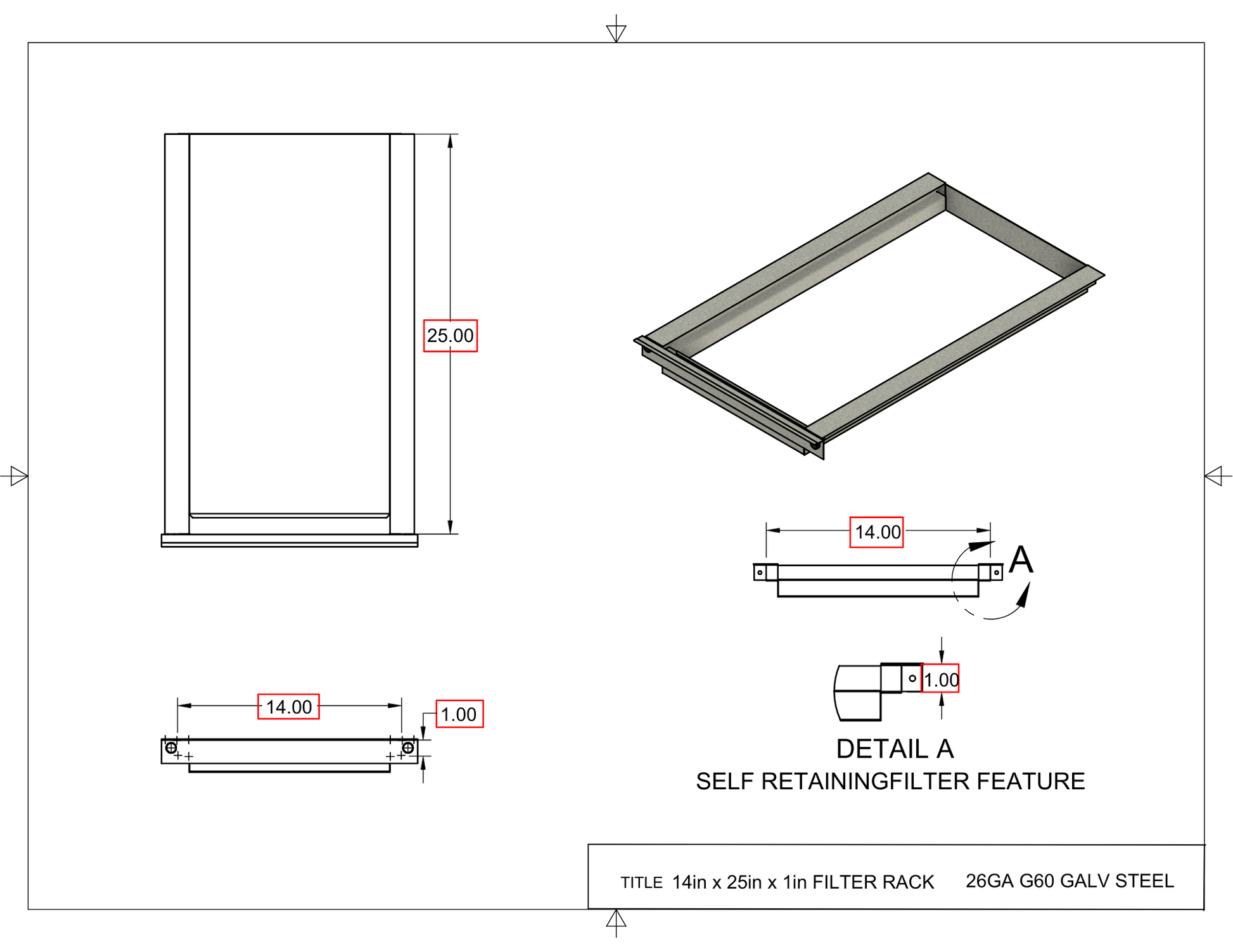 14x25x1 Captured Filter Rack Drawing
