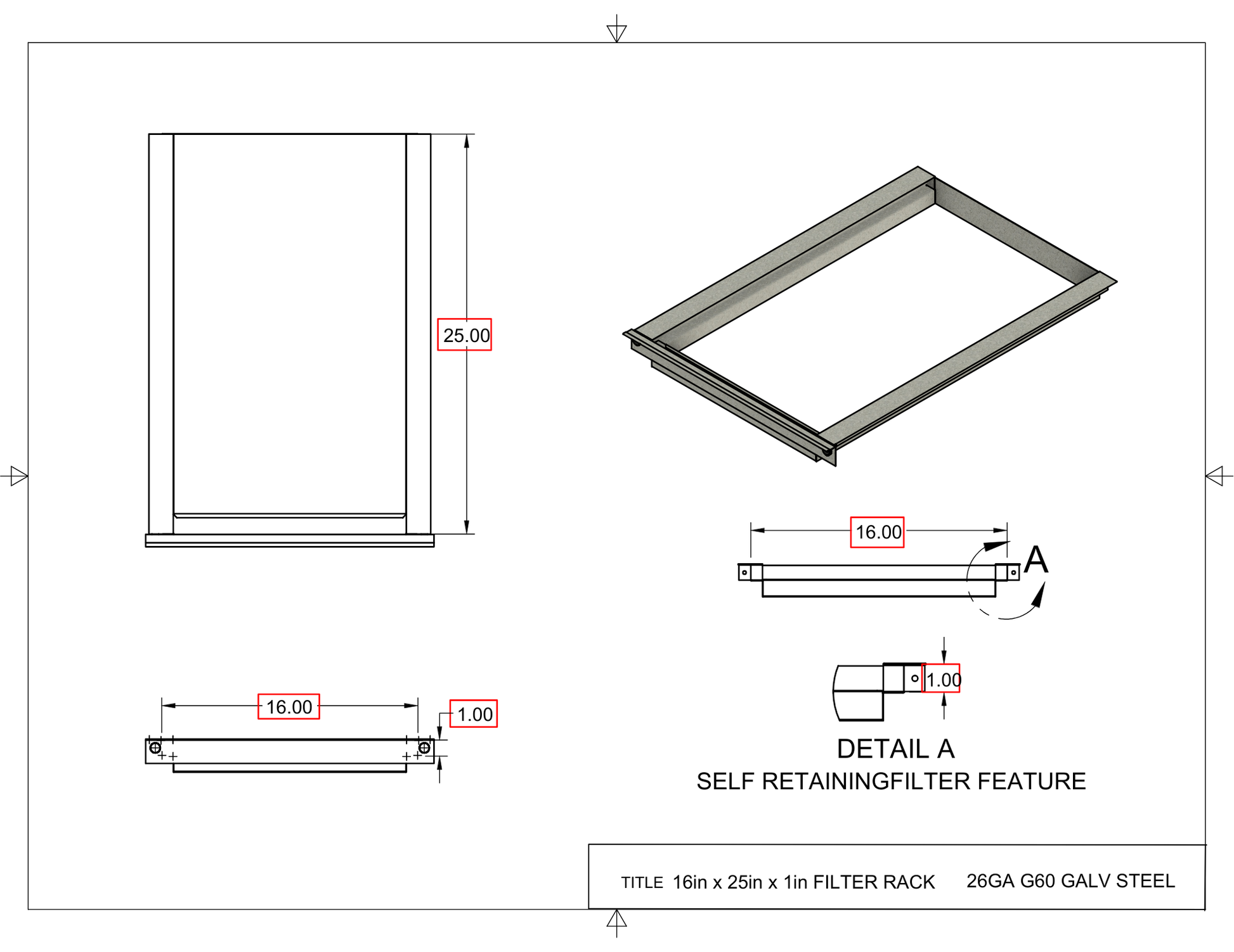 16x25x1 Captured Filter Rack Drawing