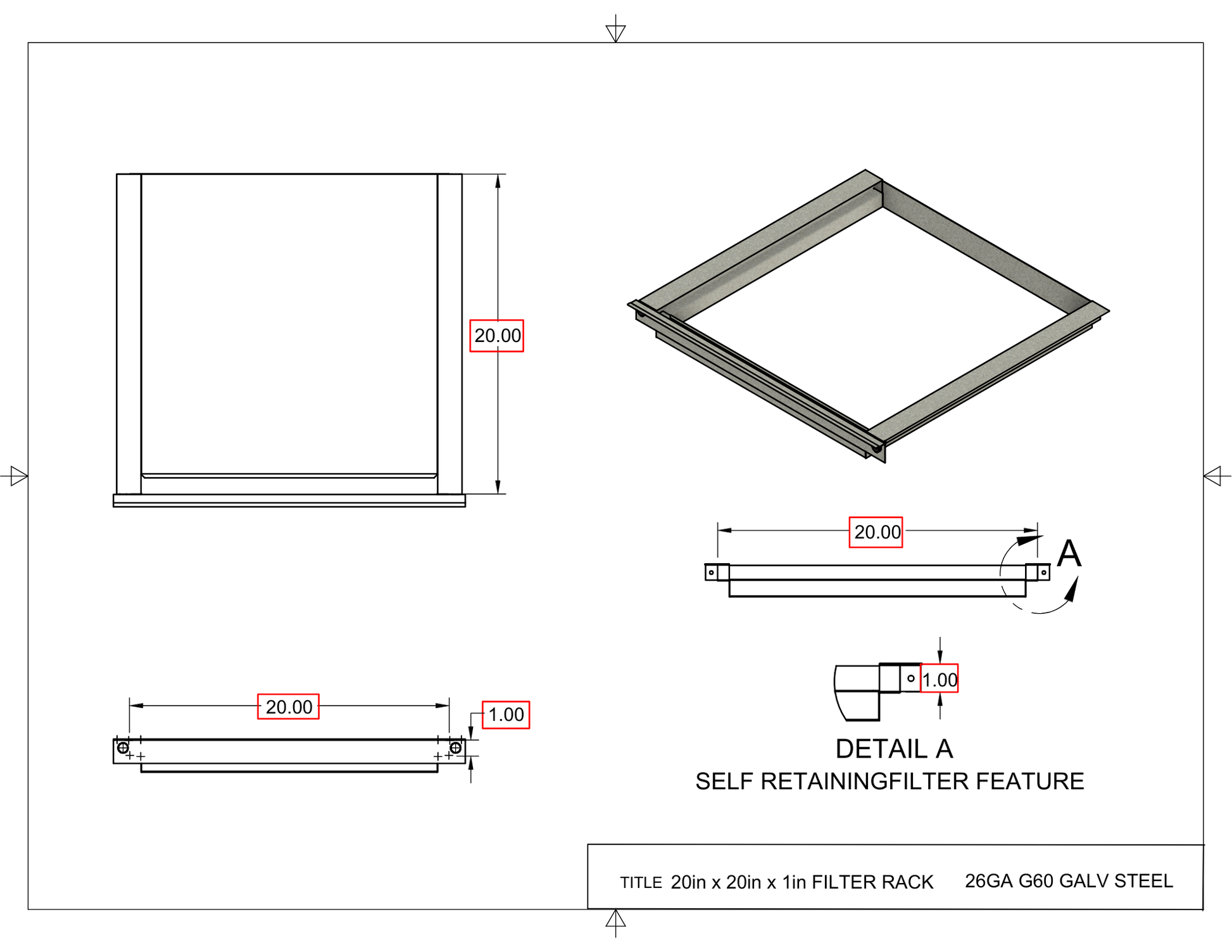 20x20x1 Captured Filter Rack Drawing