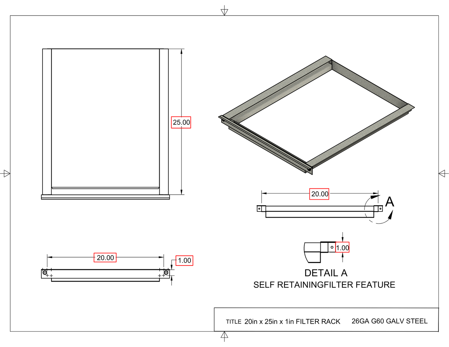 20x25x1 Captured Filter Rack Drawing
