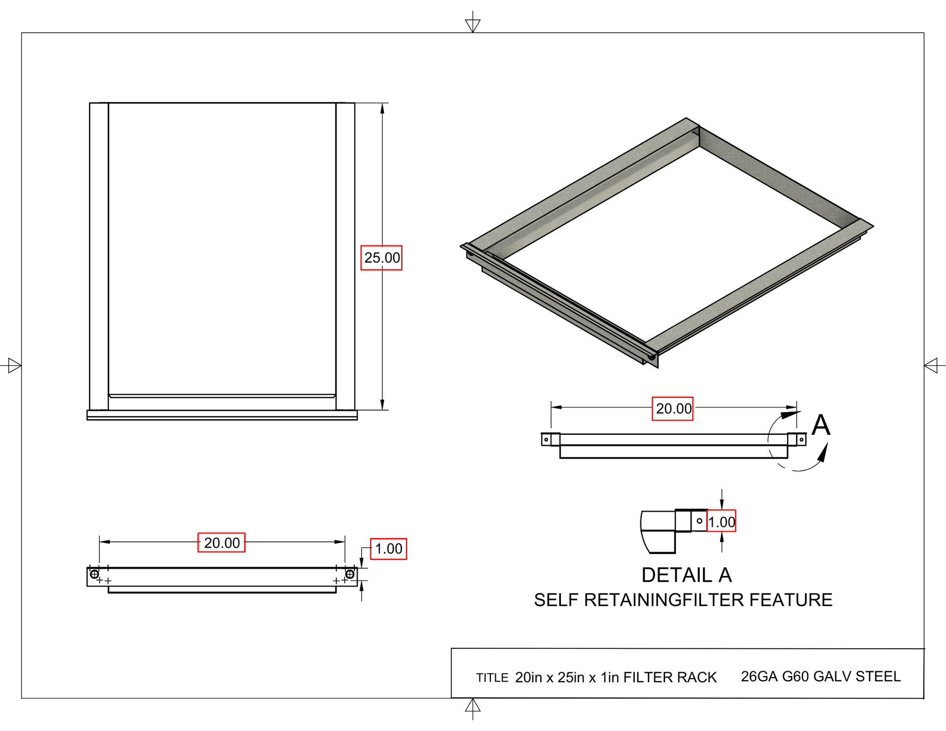 20x25x1 Captured Filter Rack Drawing