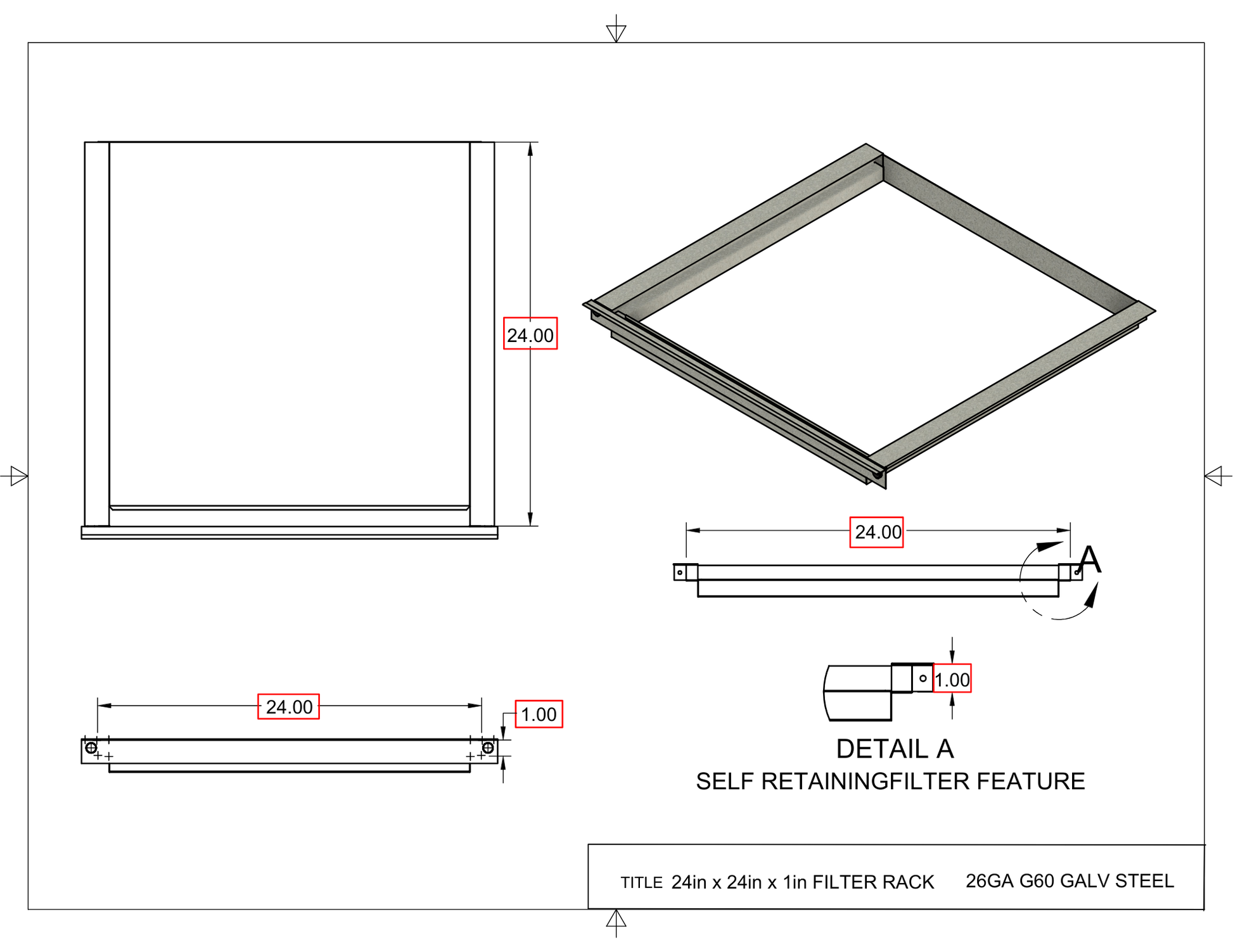 24x24x1 Captured Filter Rack Drawing